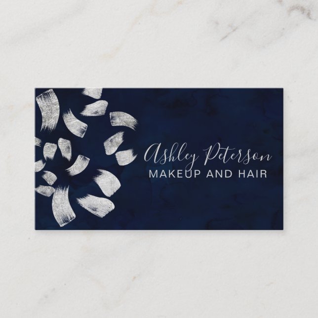 Navy blue silver brushstrokes makeup typography business card (Front)