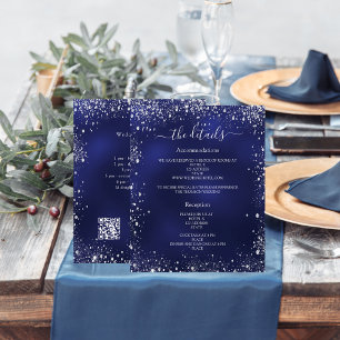 Navy blue silver budget wedding program details QR Flyer