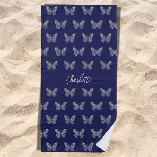 Navy blue silver butterflies pattern name script beach towel