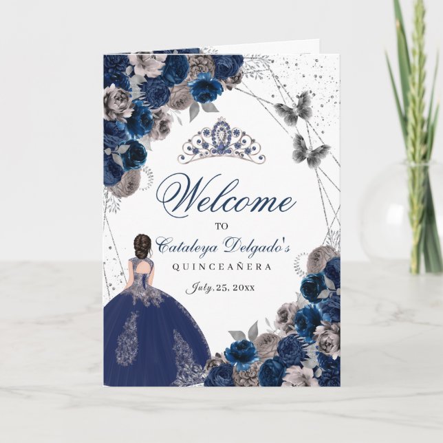 Navy Blue Silver Butterfly Quinceanera Program Invitation (Front)