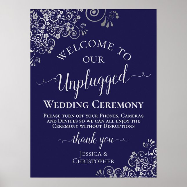 Navy Blue & Silver Chic Unplugged Wedding Ceremony Poster (Front)