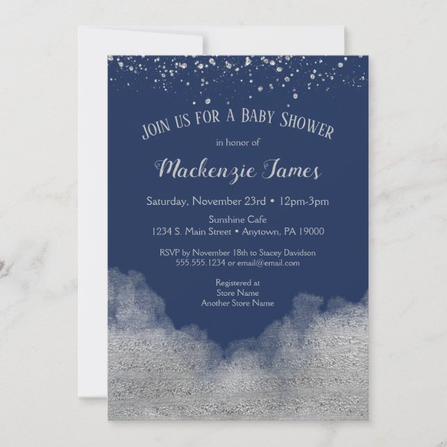 Navy Blue Silver Confetti Baby Shower Invitation (Front)