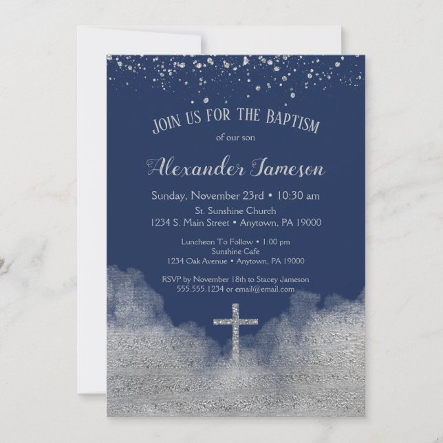 Navy Blue Silver Confetti Baptism Invitation Boy (Front)