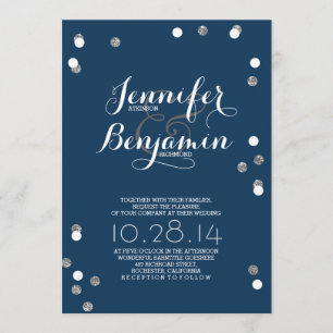 Navy Blue & Silver Confetti Modern Wedding Invite