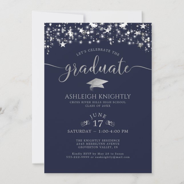 Navy Blue Silver Confetti Stars Graduation Party Invitation (Front)