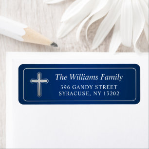 Navy Blue Silver Cross Religious Return Address