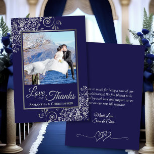 Navy Blue & Silver Curls Photo & Note Wedding Thank You Card
