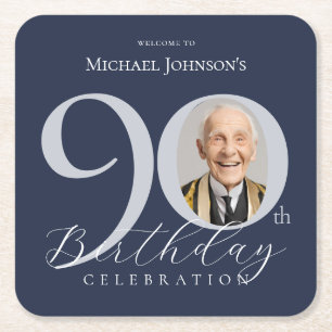 Navy Blue Silver Custom Photo 90th Birthday Square Paper Coaster