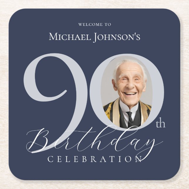 Navy Blue Silver Custom Photo 90th Birthday Square Paper Coaster (Front)
