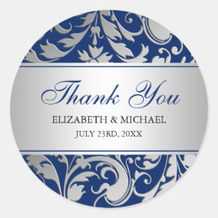 Navy Blue Silver Damask Swirls Wedding Thank You Classic Round Sticker