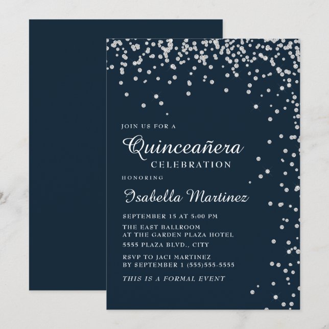 Navy Blue Silver Diamond Confetti Quinceañera Invitation (Front/Back)