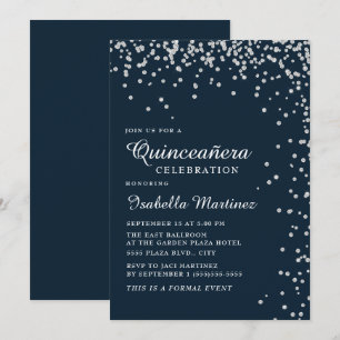 Navy Blue Silver Diamond Confetti Quinceañera Invitation
