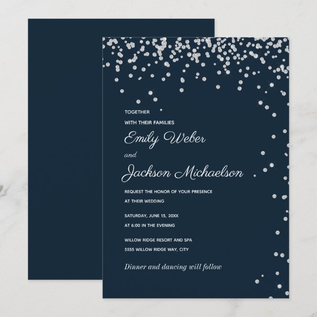 Navy Blue Silver Diamond Confetti Wedding Invitation (Front/Back)