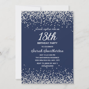 Navy Blue Silver Diamond Glitter 18th Birthday Invitation