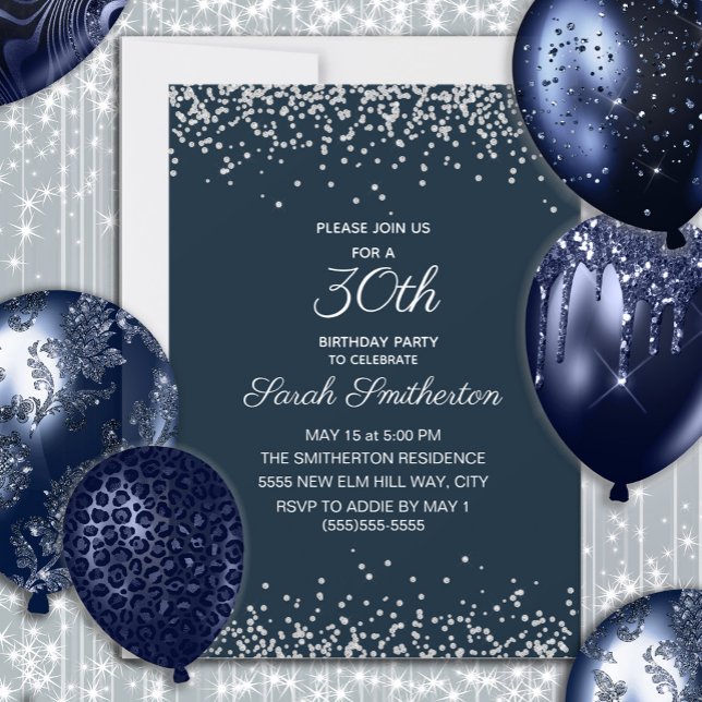 Navy Blue Silver Diamond Glitter 30th Birthday Invitation (Navy blue and silver glitter women's 30th birthday invitation)