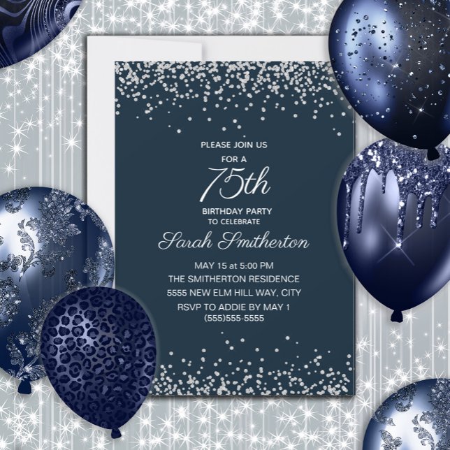 Navy Blue Silver Diamond Glitter 75th Birthday Invitation (Navy blue and silver glitter women's 75th birthday invitation customizable with your own text.)