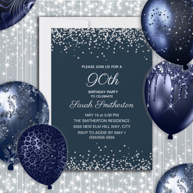 Navy Blue Silver Diamond Glitter 90th Birthday Invitation (Navy blue and silver glitter women's 90th birthday party invitation customizable with your own text.)