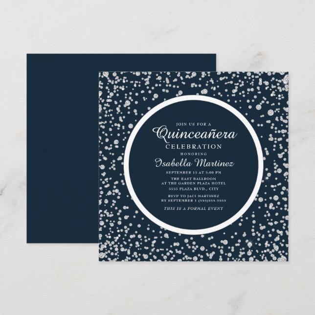 Navy Blue Silver Diamond Glitter Quinceañera Invitation (Front/Back)