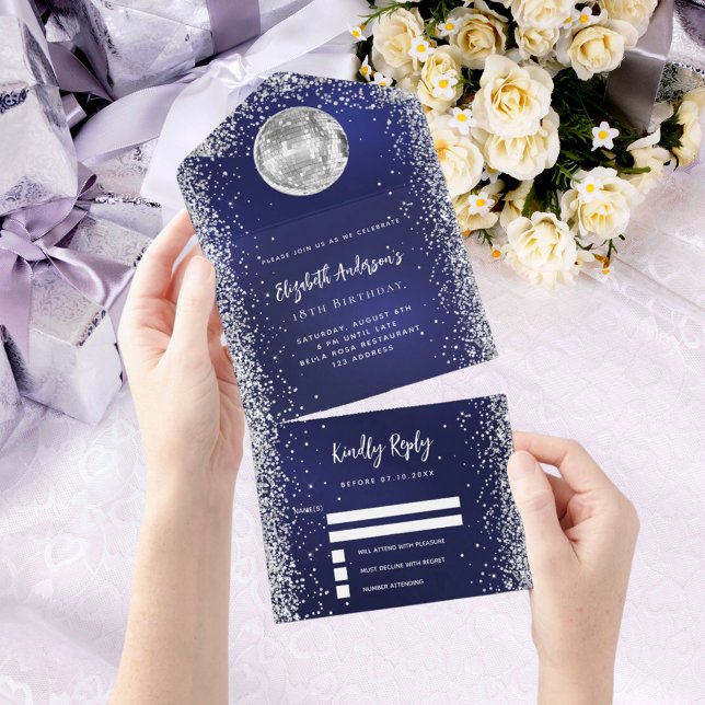 Navy blue silver disco ball glitter birthday rsvp all in one invitation (Creator Uploaded)