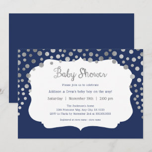 Navy Blue silver dots boy baby shower invitations