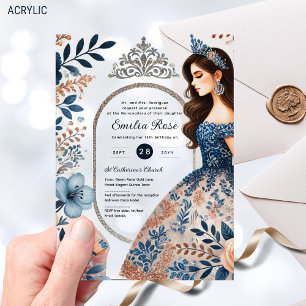 NAVY BLUE Silver Dress Quinceañera Floral Quince Acrylic Invitations
