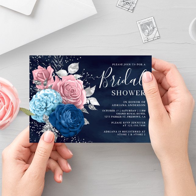 Navy Blue Silver Dusty Pink Floral Bridal Shower Invitation (Creator Uploaded)