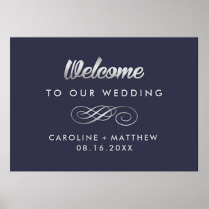 Navy Blue   Silver Elegant Wedding Welcome Sign