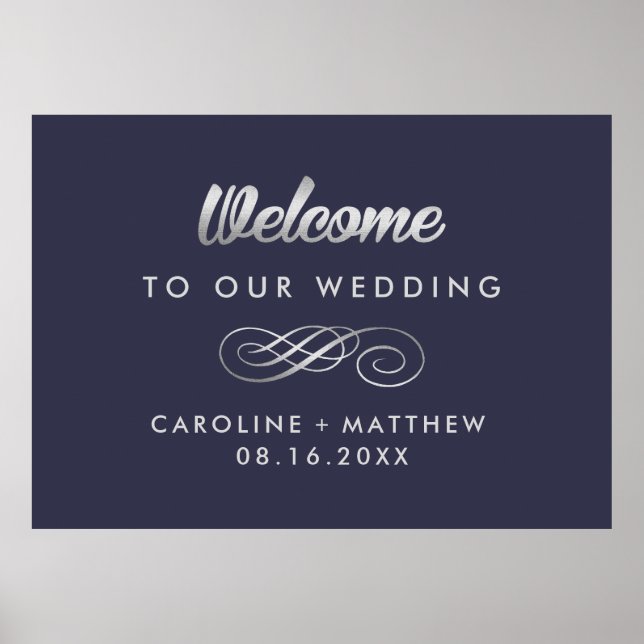 Navy Blue | Silver Elegant Wedding Welcome Sign (Front)