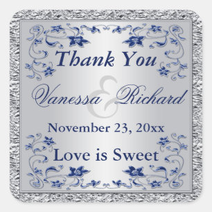 Navy Blue Silver FAUX Foil Wedding Favour Sticker