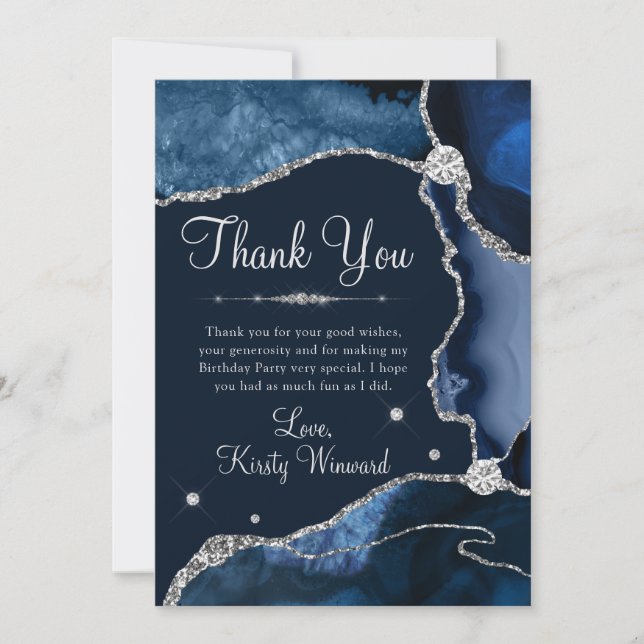 Navy Blue & Silver Faux Glitter Agate Birthday Thank You Card (Front)