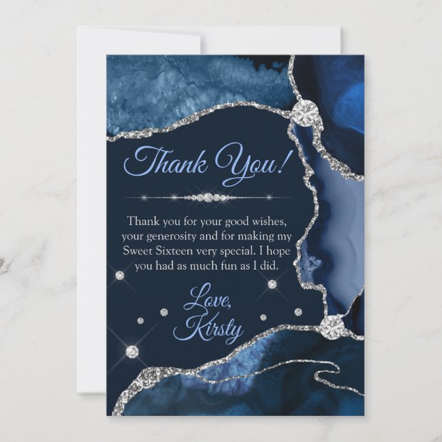 Navy Blue & Silver Faux Glitter Agate Sweet 16 Thank You Card (Front)