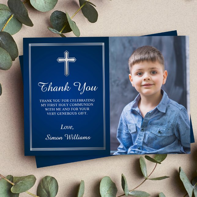 Navy Blue Silver First Communion Thank You Card (Creator Uploaded)