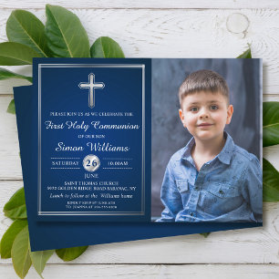 Navy Blue Silver First Holy Communion Photo Invitation