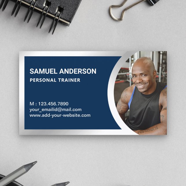 Navy Blue Silver Fitness Personal Trainer Photo Business Card (Creator Uploaded)