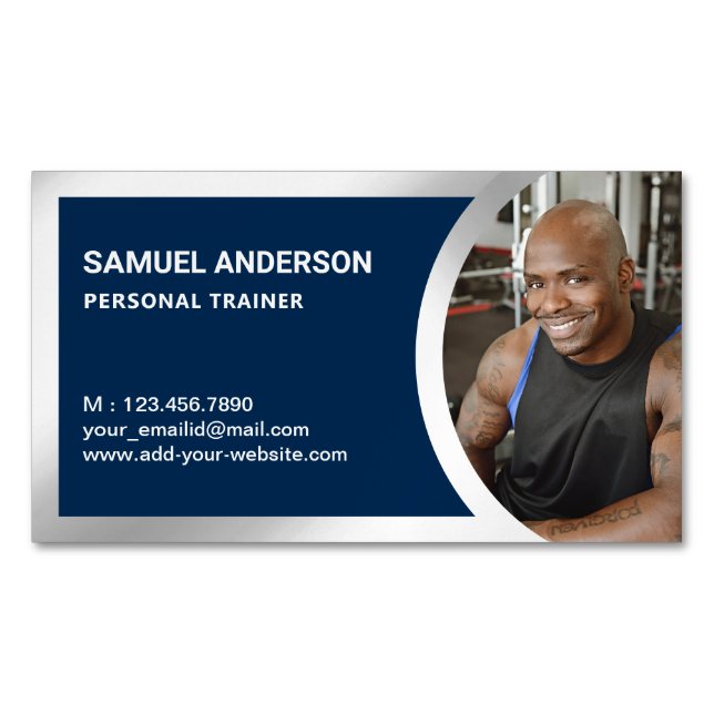 Navy Blue Silver Fitness Personal Trainer Photo Magnetic Business Card (Front)