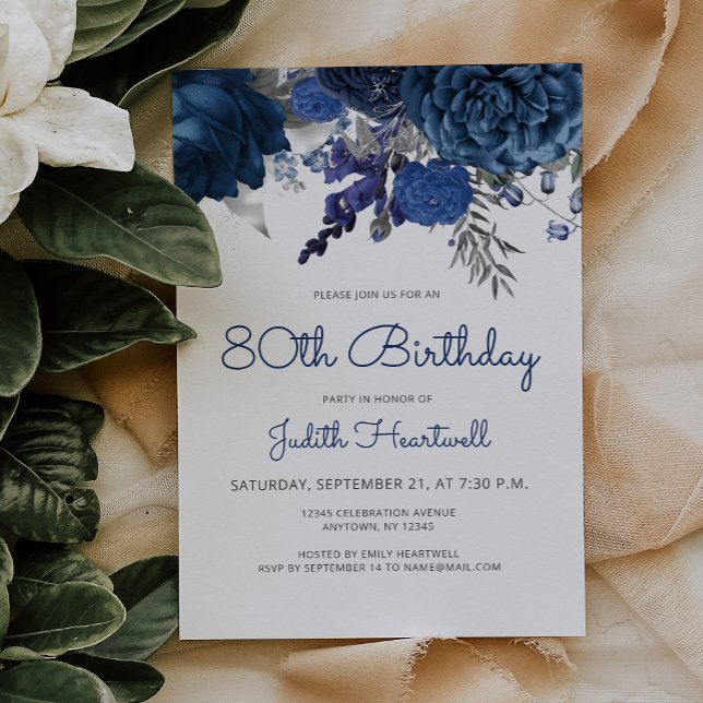 Navy Blue Silver Floral 80th Birthday Party Invitation (Creator Uploaded)
