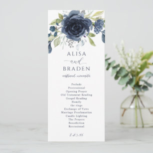 Navy Blue Silver Floral Botanical Greenery Wedding Programme