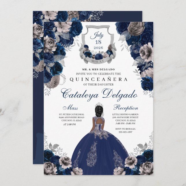 Navy Blue & Silver Floral Elegant Quinceañera Invitation (Front/Back)