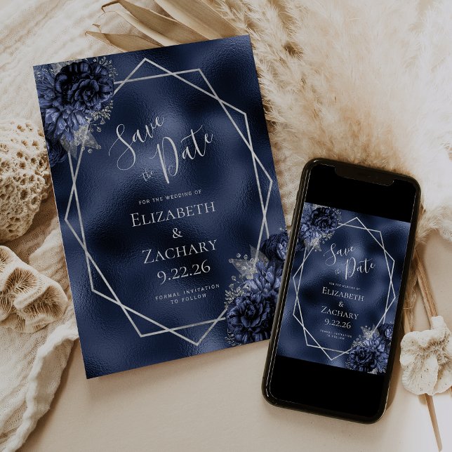Navy Blue Silver Floral Geo Foil Save the Date (Creator Uploaded)