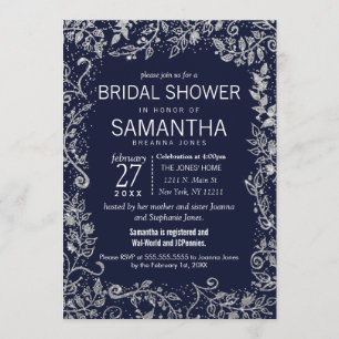 Navy Blue Silver Floral Glitter Bridal Shower Invitation