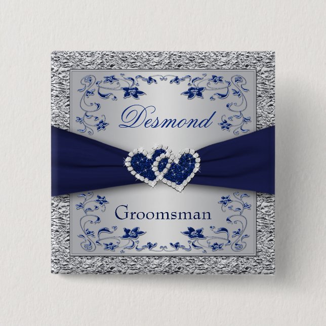 Navy Blue, Silver Floral Groomsman Wedding Pin (Front)