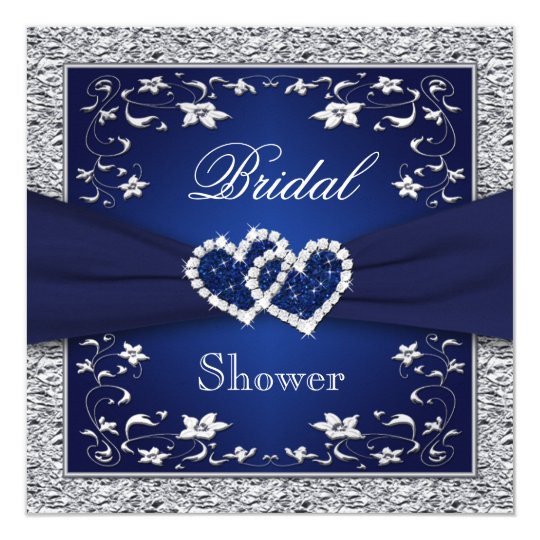 Navy Blue, Silver Floral, Hearts Bridal Shower Card