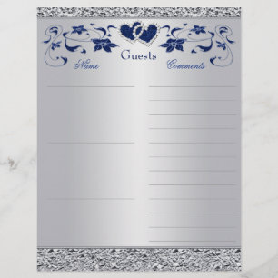 Navy Blue, Silver Floral Hearts Guest Book Paper