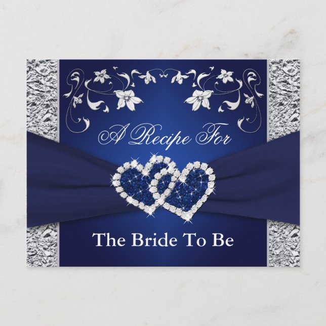 Navy Blue, Silver Floral Hearts Recipe Card (Front)
