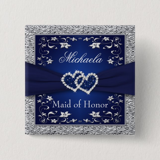 Navy Blue, Silver Floral Maid of Honour Wedding Pi 15 Cm Square Badge (Front)
