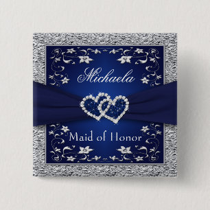 Navy Blue, Silver Floral Maid of Honour Wedding Pi 15 Cm Square Badge