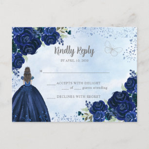 Navy Blue Silver Floral Princess Quinceañera RSVP Postcard
