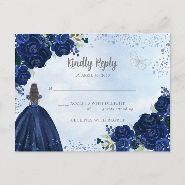 Navy Blue Silver Floral Princess Quinceañera RSVP Postcard (Front)