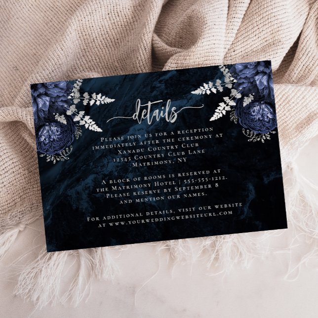 Navy Blue Silver Floral Script Wedding Details Enclosure Card (Creator Uploaded)
