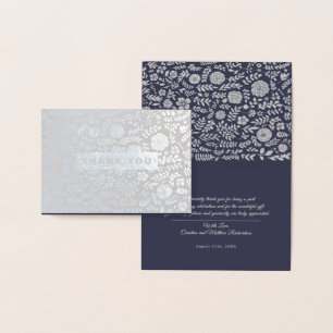 Navy Blue Silver Floral Thank You Wedding Foil Card
